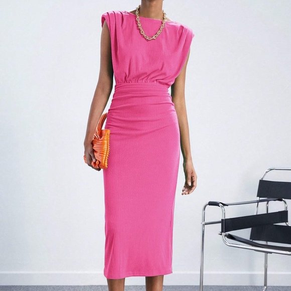 . Dresses & Skirts - Pink Preppy Womens Solid Shoulder Pad Ruched Waist Dress